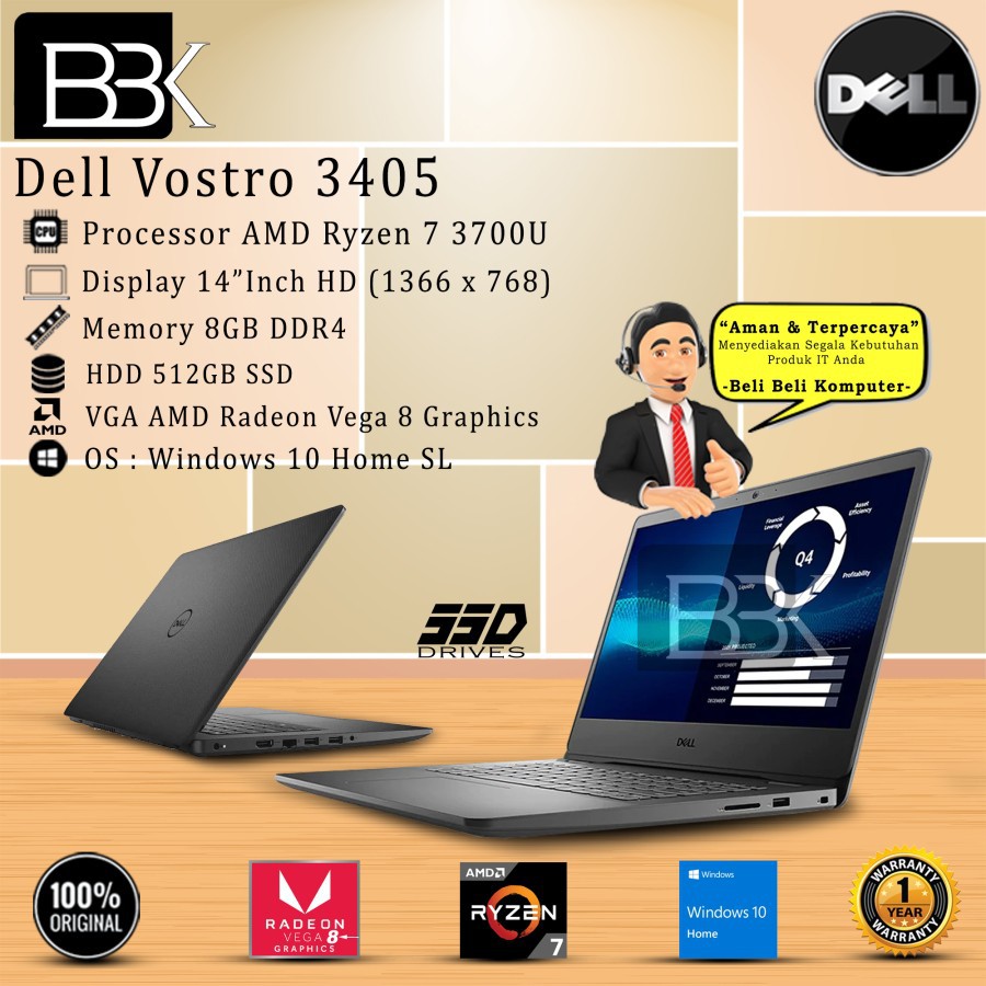 DELL Vostro 3405 14" AMD RYZEN 7 3700U 8GB 512GB SSD W10H + OHS 1YR