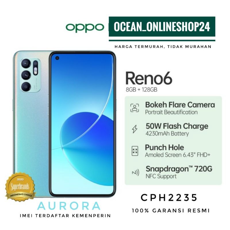 OPPO RENO6 RENO 6 RAM 8GB 128GB NFC - AURORA - SNAPDRAGON 720G - GRS RESMI