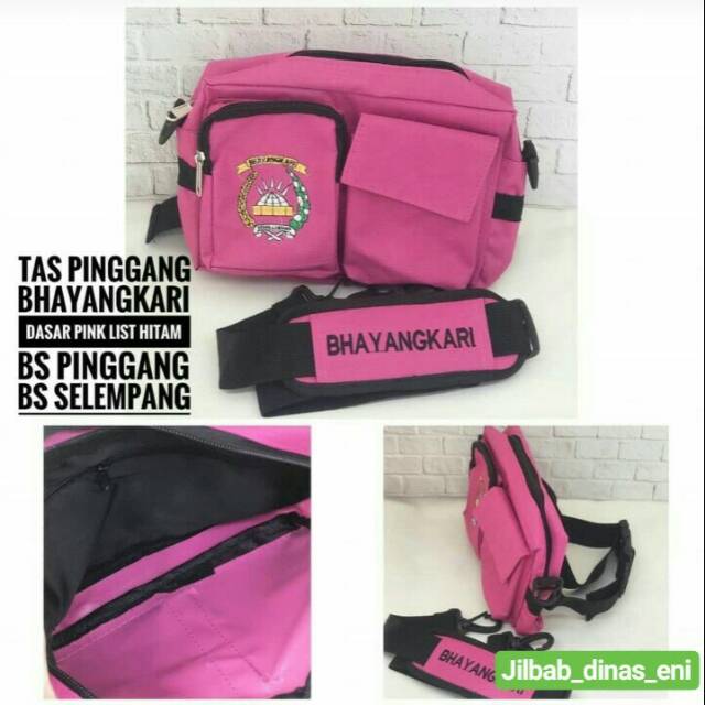 Tas pingganh bhayangkari warna pink list hitam
