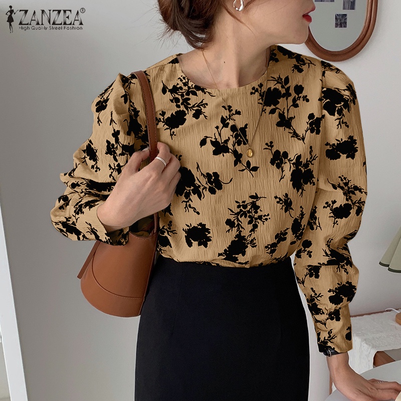 ZANZEA Women Blouse O Neck Full Sleeve Floral Printed Elegant Office OL Vintage Casual Shirt