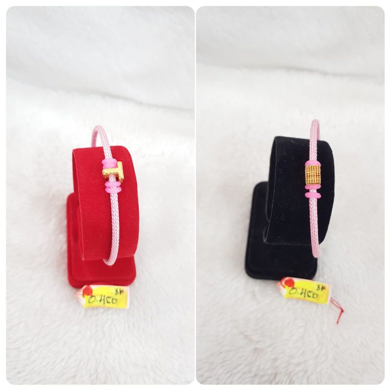 GL1352DLM gelang tali pink variasi liontin emas huruf T inisial nama berat 0.450 sama tali 4 kadar 3