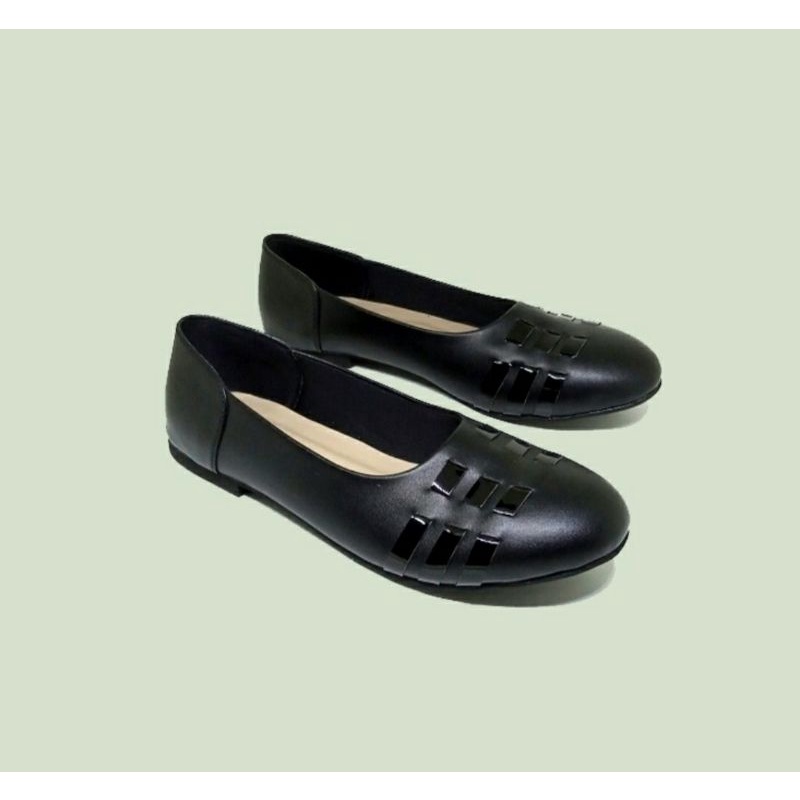 Original, Pantofel Wanita Big Size 41-45 Flatshoes Kulit Hitam JUMBO Size Besar PNS Guru Murid 42