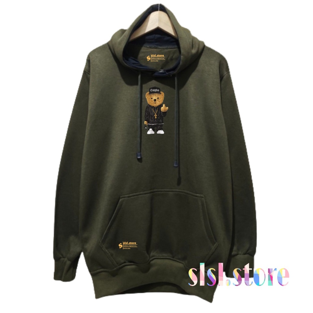 Sweater Hoodie Pria dan Wanita Premium Motif Anti Cute Bear Fleece Tebal Warna Hijau Army Jaket Hodie Cowok Cewek Aesthetic Ziper Kekinian Sweter Distro Terbaru Bandung