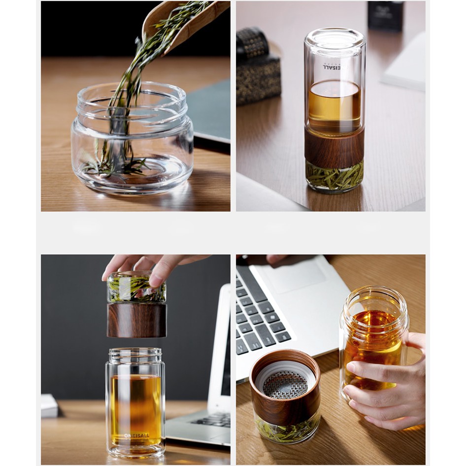 tumbler teapot infuser wooden handle / tea pot infuse water botol minum kaca double wall handle kayu ( menerima custom LOGO )