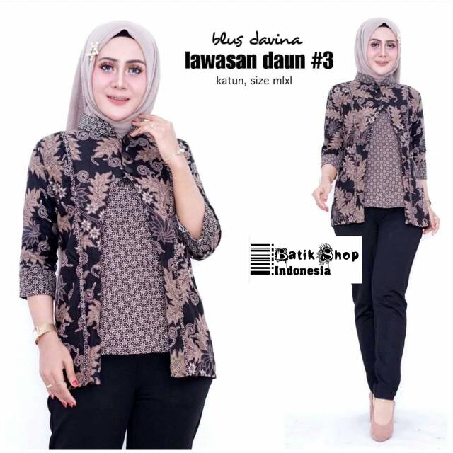 Blus Devina Lawasan Daun #3 Batik Sogan Atasan Kondangan Kerja Kantoran Davina Belah Jumbo