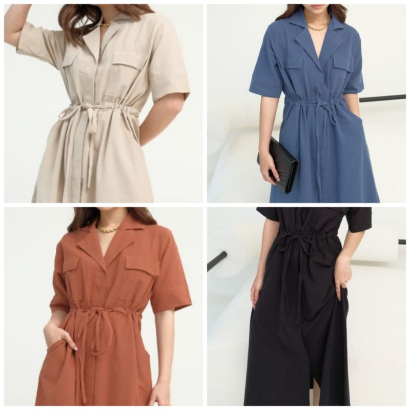 ❣️ SPECIAL PRICE ♡ PREMIUM ♡ ORIGINAL ! JEANNE LINEN VINTAGE COLLAR BUTTON POCKET TIED MIDI DRESS LONG OUTER ( BUSUI FRIENDLY )