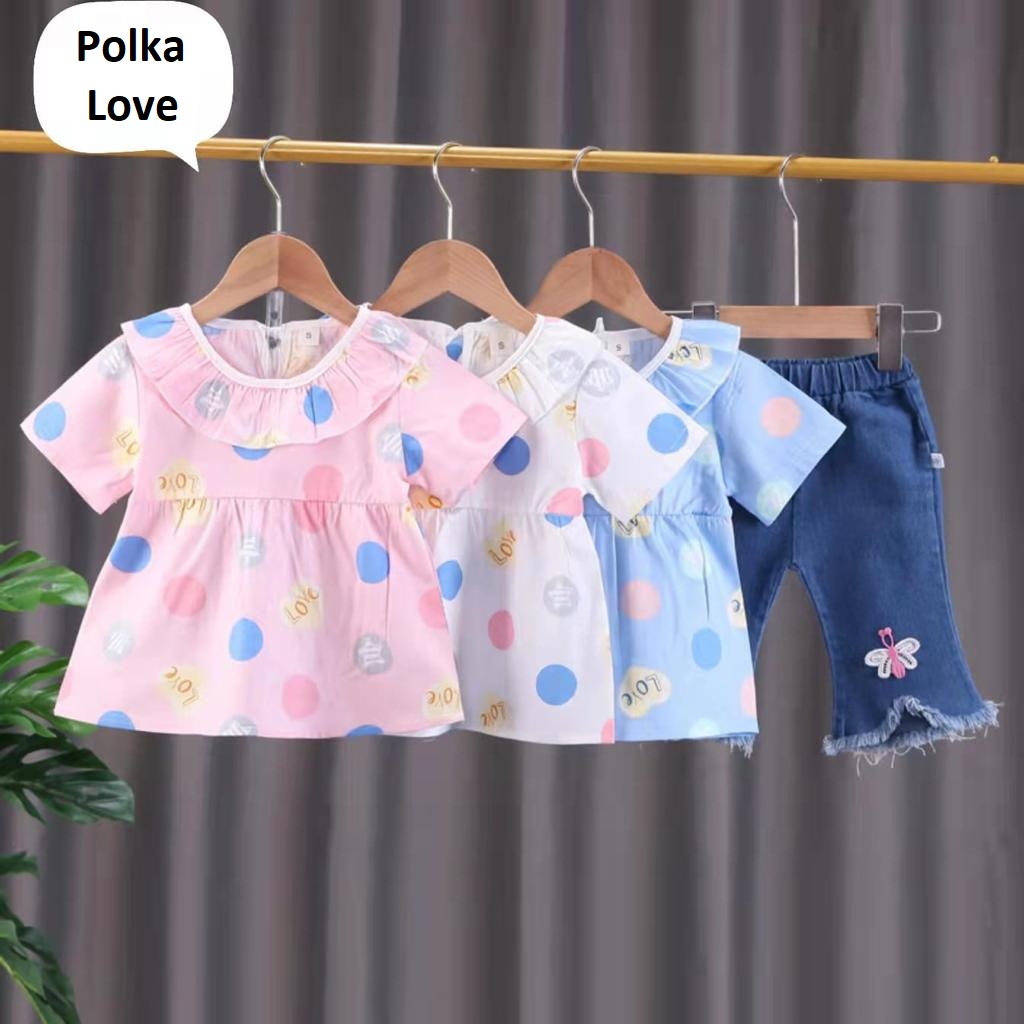 Setelan Jeans 0-4 Tahun Setelan Fashion Anak Perempuan Setelan Polka Love CBKS