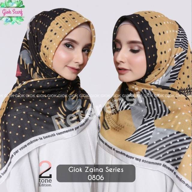 HIJAB SEGI EMPAT VOAL PREMIUM KAYLA MOTIF GIOK ZAINA KUNING HITAM
