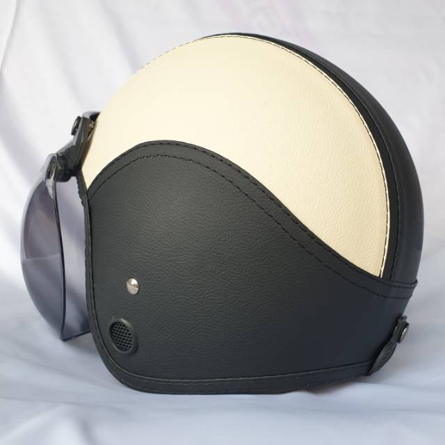 Helm Bogo Retro Kulit Full Leher Dewasa SNI Hitam Cream