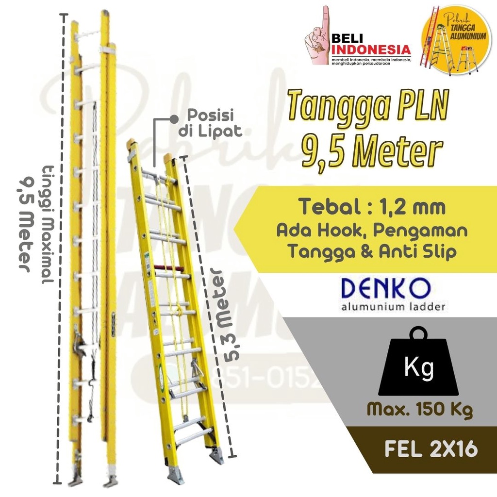 Tangga PLN Merk DENKO Fiberglass Extension Ladder FEL 2X16 | 9,6 Meter Sliding Sorong