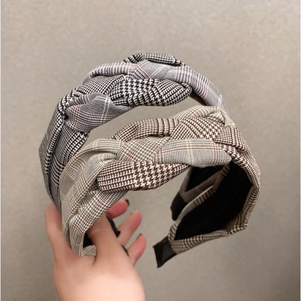 Bando Bandana Korea Wanita / Bando Simpul Kepang Tweed Kotak Polos Ade