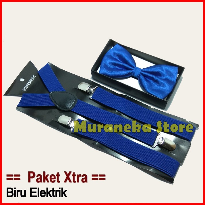 Paket XTRA BIRU BCA ELEKTRIK Dasi Kupu Bretel Suspender Wedding Bridesmaid MC Bowtie Tali Jojon Pria