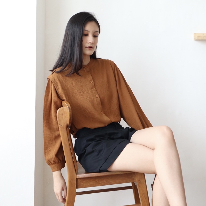 MSMO River Blouse Oneck Longsleeve / Blouse Wanita / Kemeja Kantor / Kemeja Crinkle / Kemeja Lengan Panjang-1