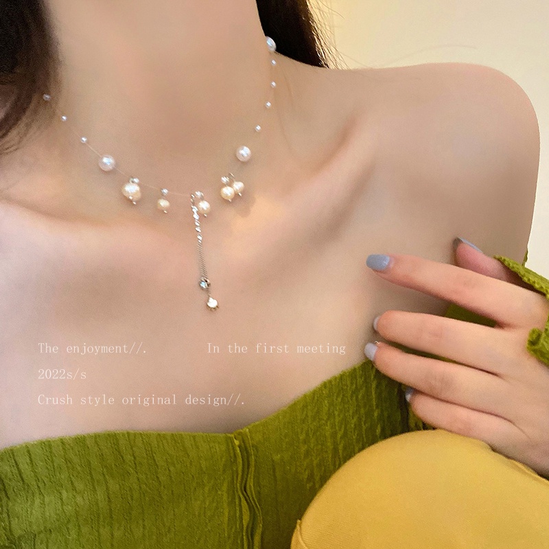 YEEZII Kalung Rantai Rumbai Mutiara Kristal Warna Silver Untuk Wanita