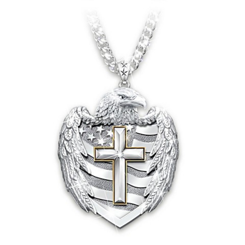 Kalung Rantai Liontin Salib Motif Ukir Elang Warna Silver Untuk Pria