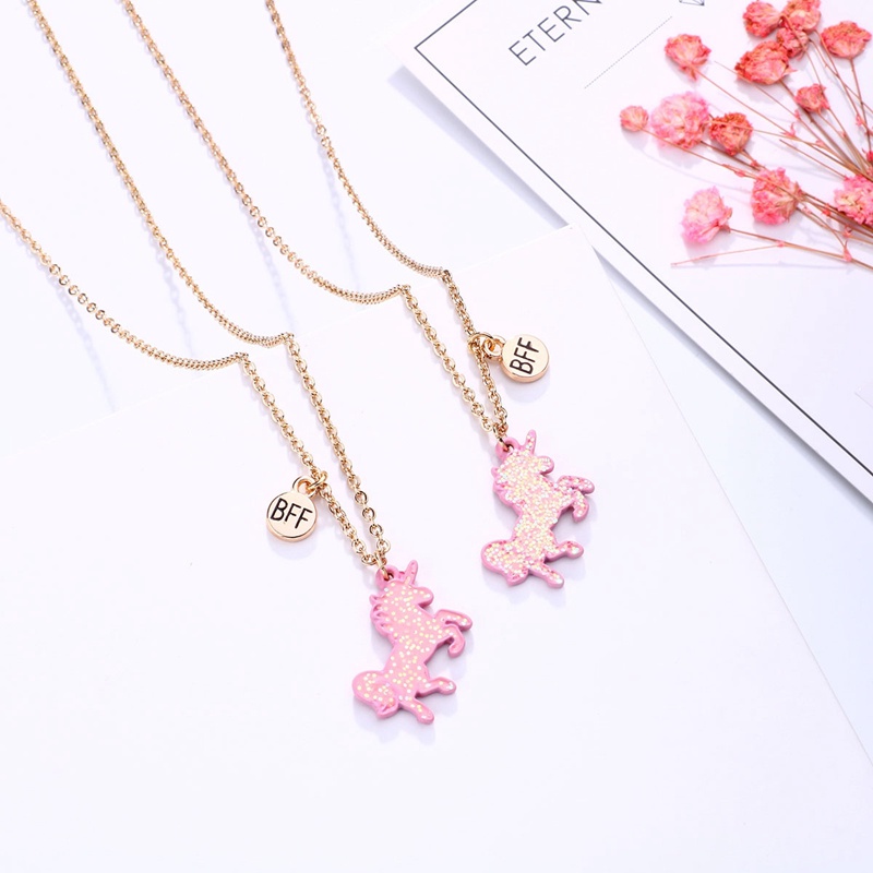 2pcs / Set Kalung Rantai Dengan Liontin Unicorn Hati Warna-Warni Untuk Hadiah Persahabatan