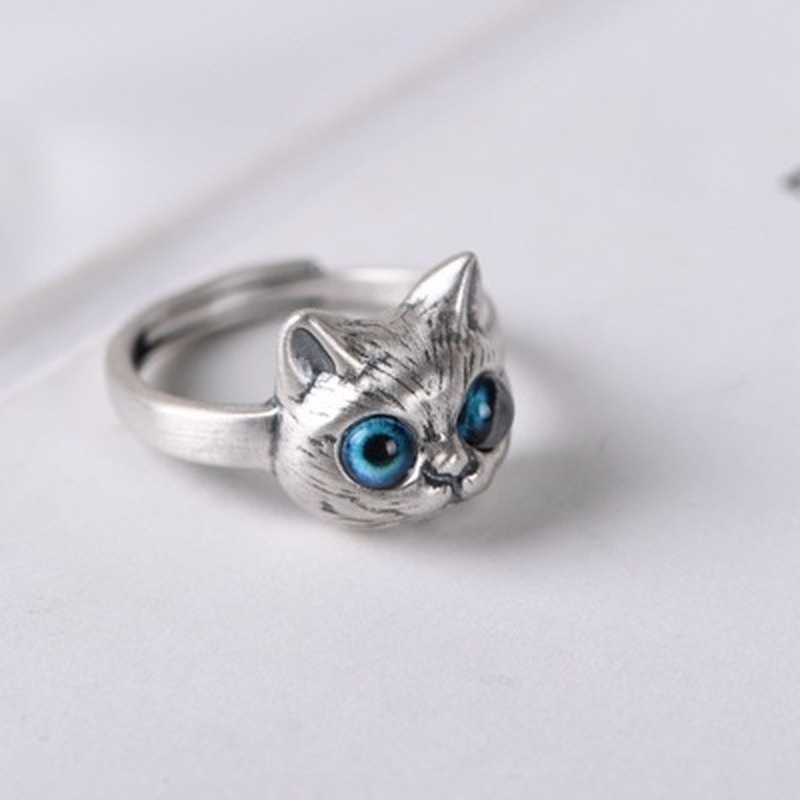 Cincin Bentuk Kucing Mata Biru Gaya Vintage Adjustable Untuk Unisex