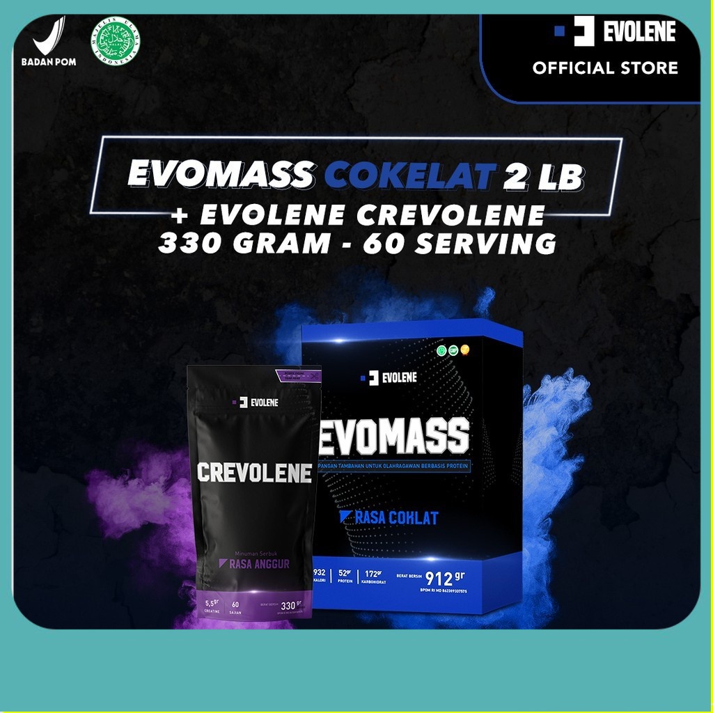 

Evolene Evomass Coklat 912gr/4x serving + Crevolene 330gr/60 serving - Penambah massa otot - Suplemen fitness - Pembentuk otot - Kaya Nutrisi - Surplus kalori - badan BPOM HALAL ORIGINAL ORI OFFICIAL STORE