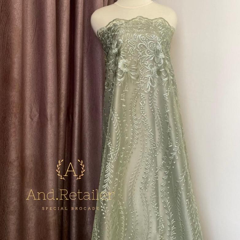 Bahan Kebaya Brokat Premium Tile Bordir Gloria Luxury Edition Warna Sage Green