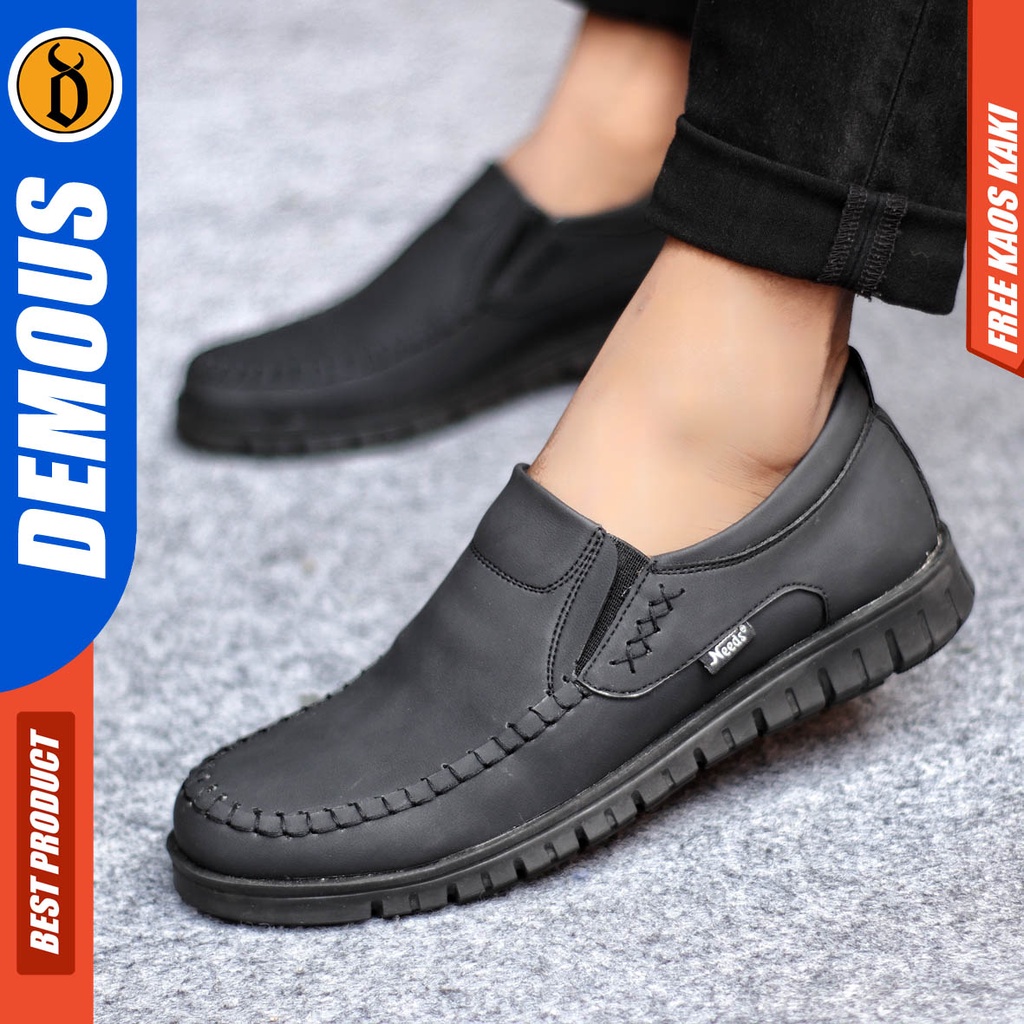 Sepatu Kasual Pria Casual Formal Slip On Kulit Pu Kerja Hitam Coklat Demous Bleno