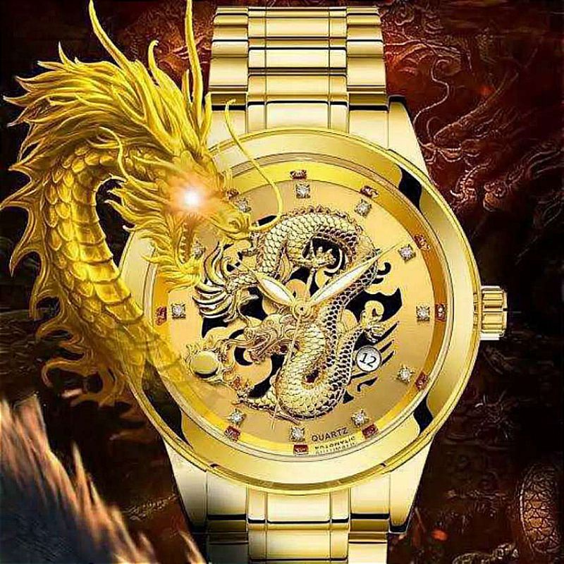 JAM TANGAN  NAGA EMAS ROLEX Tanggal Aktif Tahan Air Quartz Sangat Tipis Kalender Naga Emas Timbul