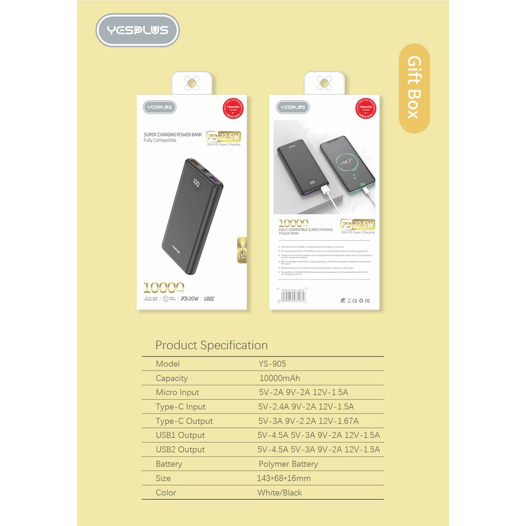 MIINII Powerbank Original YS-905 Full Compatible PD 22.5W Super Fast Charging 10000MAH Free Lampu LED