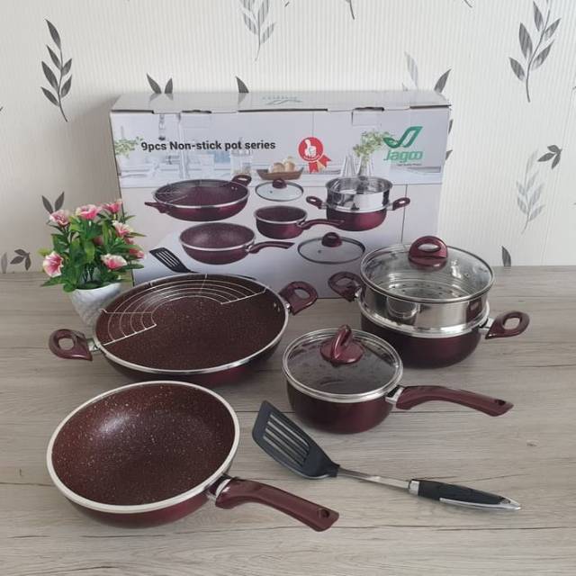 Panci set teflon marble 9pcs jagoo maroon