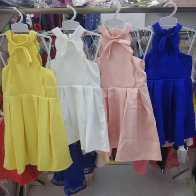 Baju pesta anak perempuan cewek import dress gown ribbon simple elegant white yellow pink blue