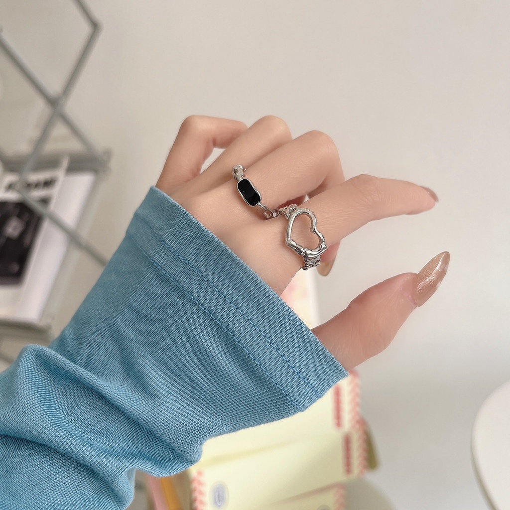 Set Cincin Model Terbuka Warna Hitam Gaya Korea