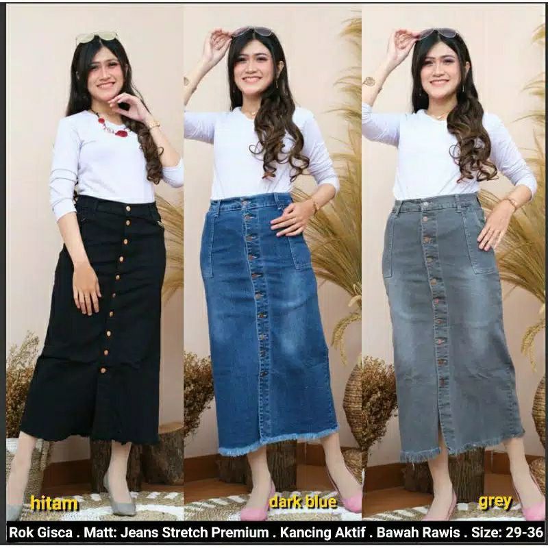 Rok jeans panjang Gisca kancing depan// Rok jeans wanita