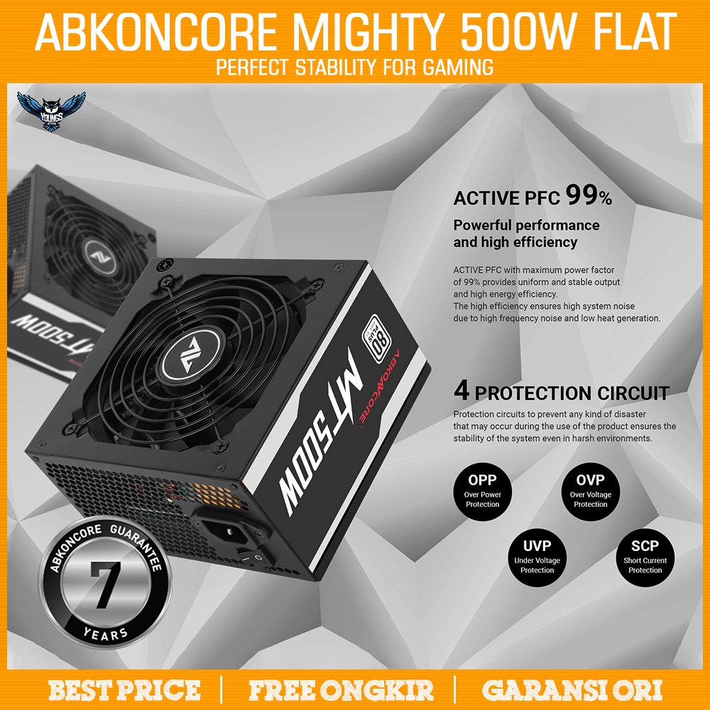 PSU ABKONCORE MIGHTY 500W 80+ Flat Non Modular Power Supply Garansi 7 Tahun