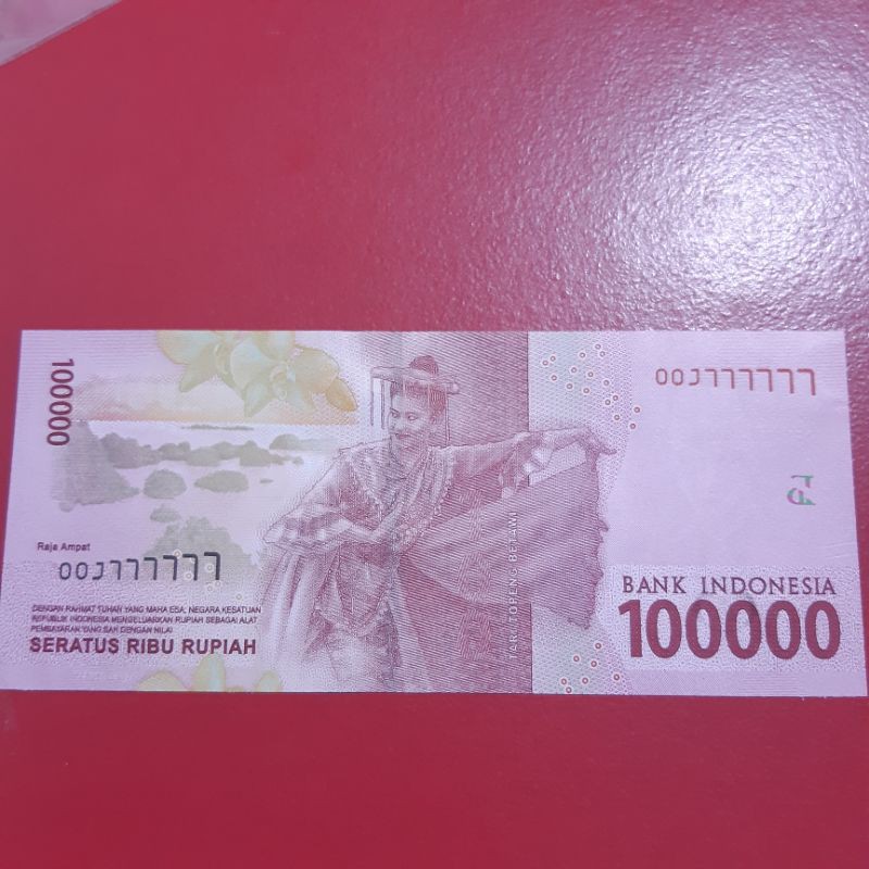 Uang Kertas Kuno 100000 Rupiah Tahun 2016, Nomor Cantik Solid 7