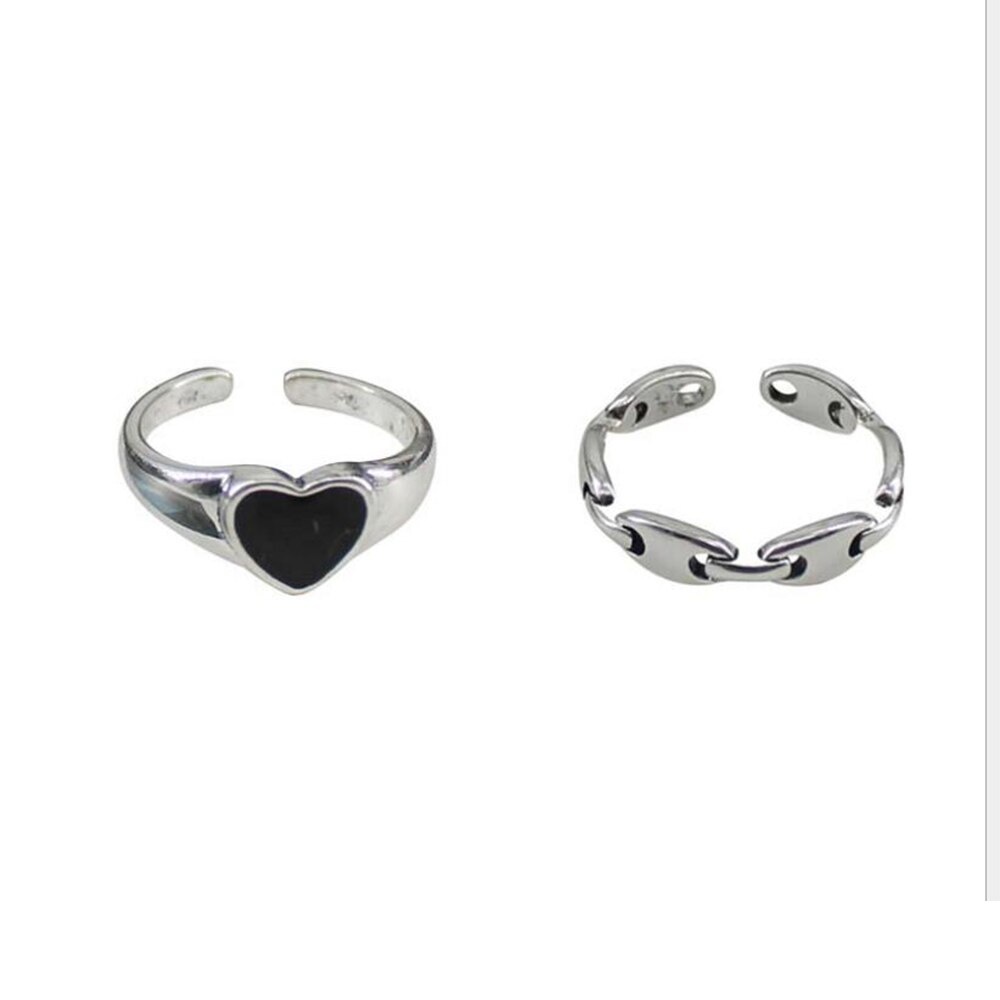 2pcs / Set Cincin Model Terbuka Bahan Metal Warna Silver / Hitam Gaya Punk / Vintage / Simple Adjustable Untuk Wanita