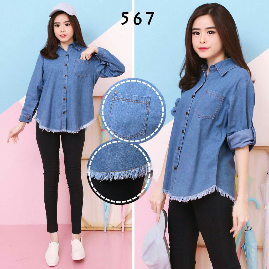 (BISA COD) fashion wanita size M|L,XL kemeja jeans terlaris kemeja cewek kemeja okie - panteloni