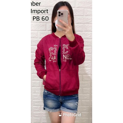 [REALPIC] JAKET BOMBER SUEDE IMPORT RENDA TANGAN PANJANG BORDIR-Marun