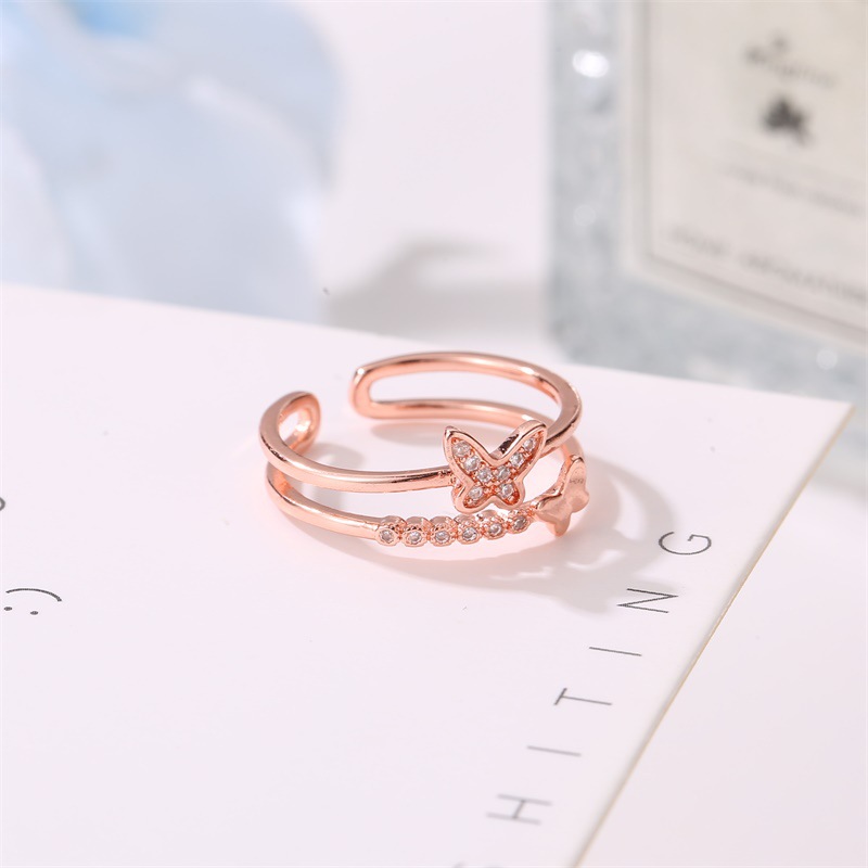 Korean Fashion Butterfly Rings Adjustable Double Butterfly Diamond Opening Ring Rose Gold Silver Jewellery