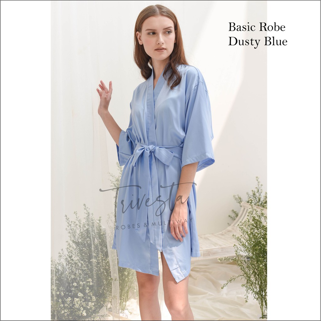 Basic Robe - KIMONO BRIDESMAID SATIN WARNA DUSTY BLUE + FREE BORDIR (TULISAN BEBAS BISA NAMA)