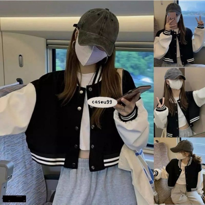 Jaket baseball crop wanita varsity jaket// jaket korean style ullzang crop cropped croppe jacket baseball gratis pop socket// freebies KPop