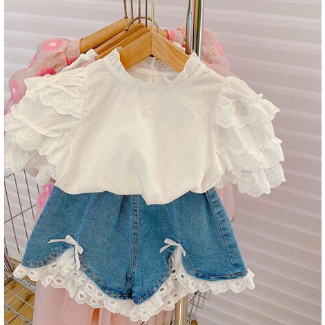 (LOLI-JKT) BS-271 SET ANAK CEWEK PATCHWORK RENDA + CELANA DENIM SIZE 100-140
