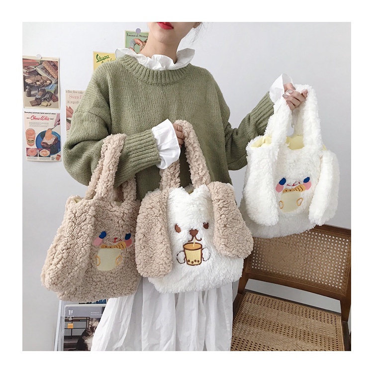 Tas Totebag kelinci bulu halus lucu imut gemoy Tas Bahu Kecil Telinga Besar Faux BOBA LOVERS