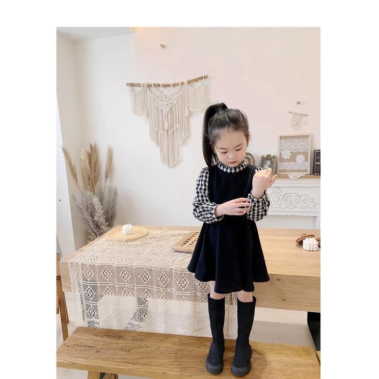 Baju anak perempuan import / Dress anak import lengan panjang hitam kotak SMBO