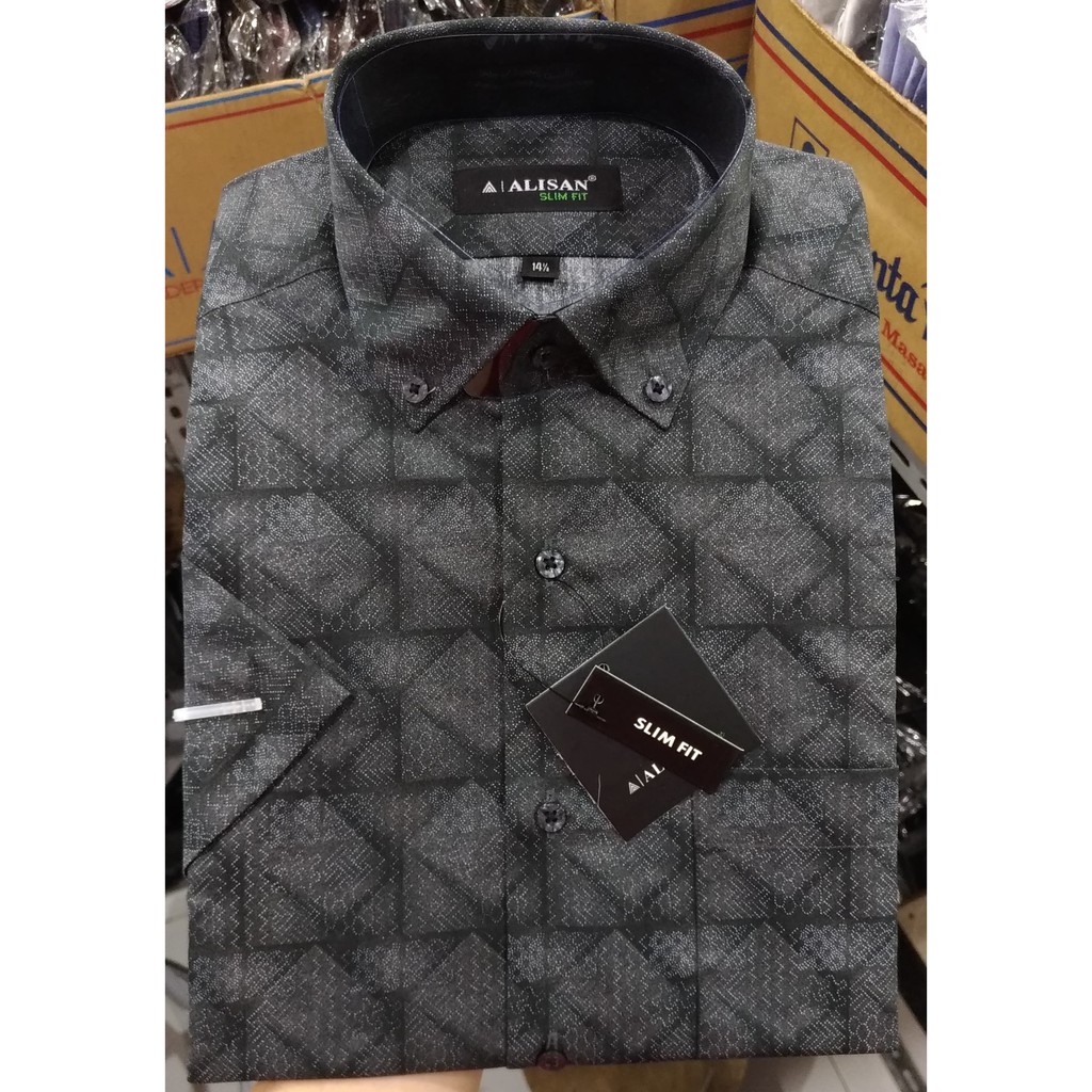 Alisan Kemeja Pria Pendek Slimfit Printing Biru Tua Abu Motif Aztec