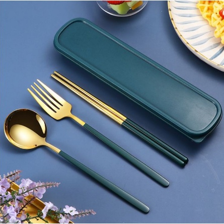 Set Alat Makan Korea Stainless, Box Sendok Garpu Sumpit Gold Oval 4 in 1 Portable-6