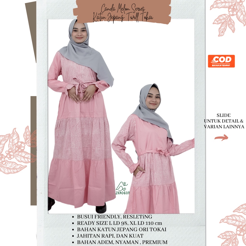 Gamis Katun Jepang Original Canda Susun Kombinasi Motif Melon-Polos KIKY COLLECTION