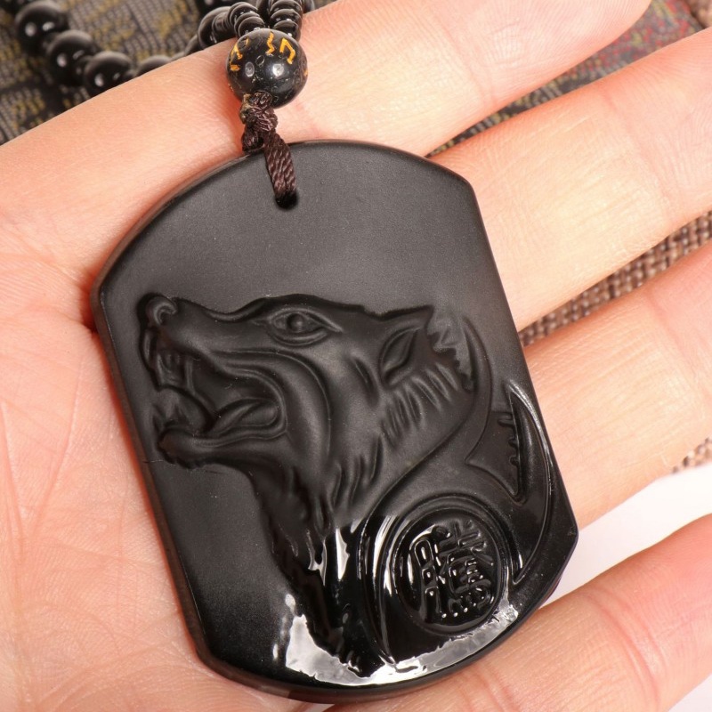 Kalung Rantai Jimat Liontin Kepala Serigala Warna Hitam Bahan Obsidian