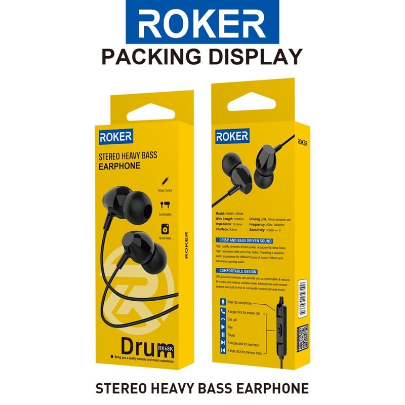 EARPHONE HANDSFREE HEADSET ROKER RK68K DRUM SUPERBASS