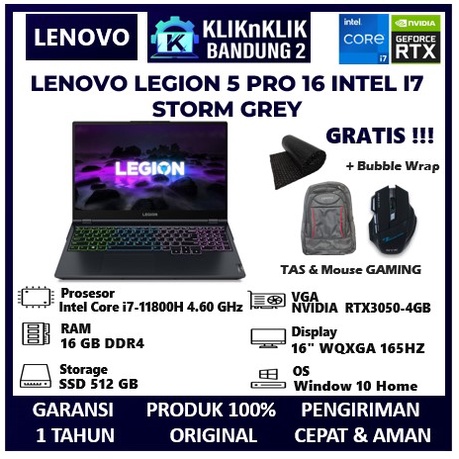 LAPTOP GAMING LENOVO LEGION 5 PRO 16 INTEL I7 11800H RTX3050-4GB GREY