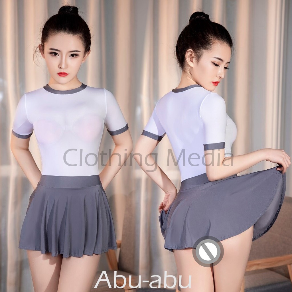 Baju Leotard Rok Set Silky Cosplay Sporty Jepang Elastis Semi Transparan