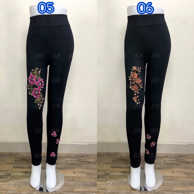 Legging Import Wanita Aplikasi Bunga Mutiara Cantik Softkatun Jumbo