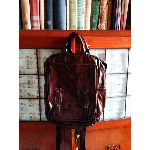 second thrift preloved preowned tas ransel laptop backpack kulit coklat